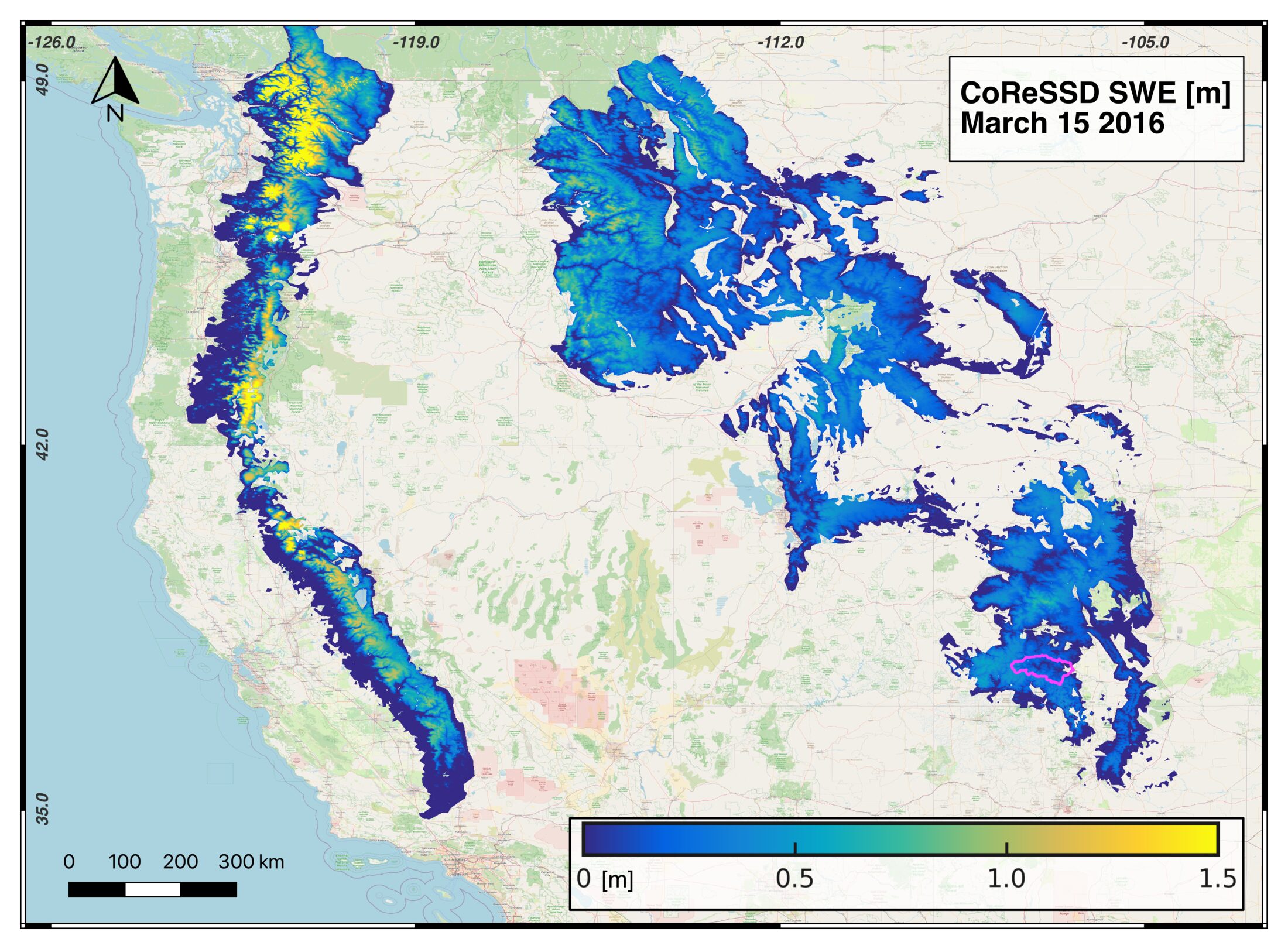 CoReSSD SWE across the western United States, March 15 2016